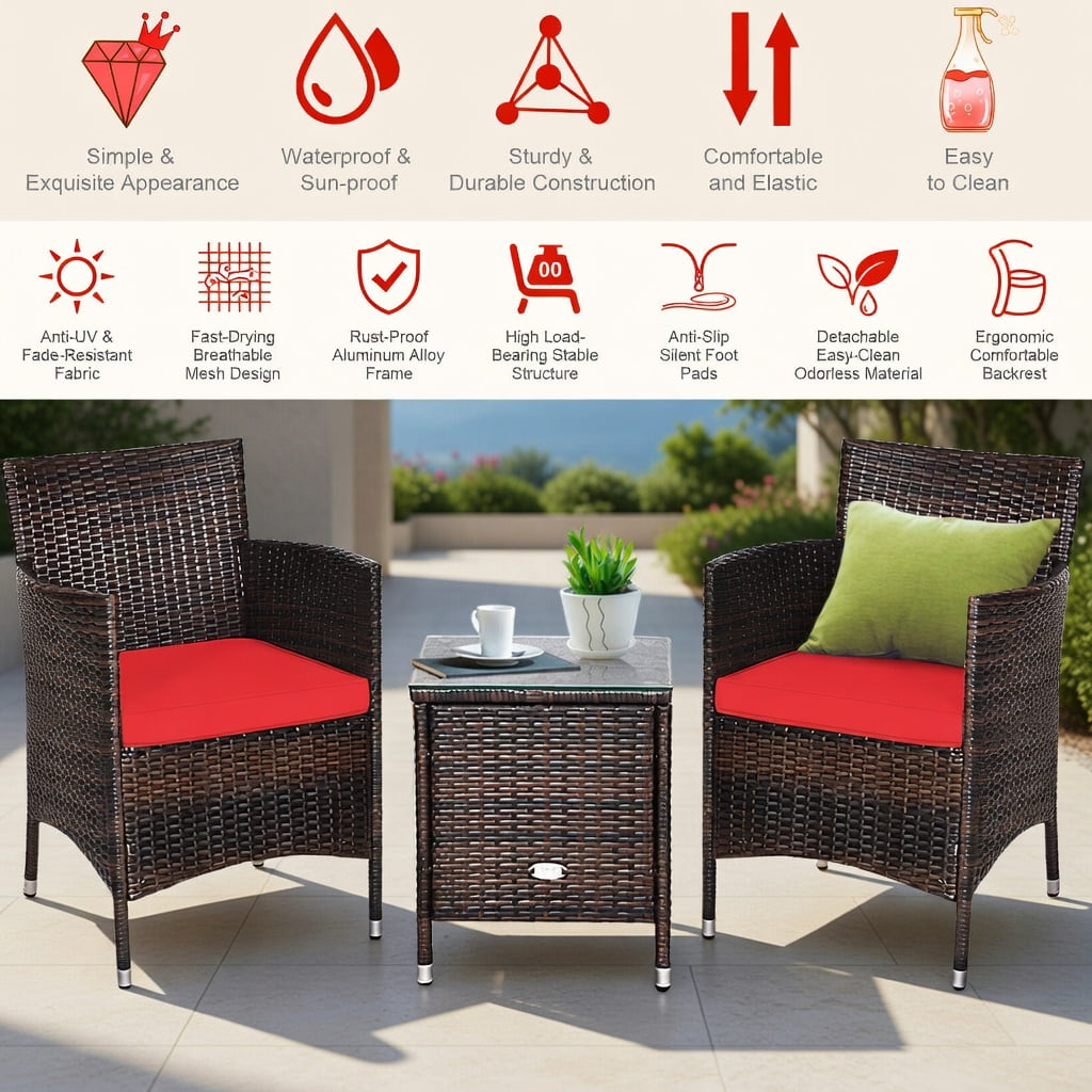 Hommoo 3-Piece Outdoor Wicker Patio Furniture Set with Cushioned Chairs & Tempered Glass Coffee Table, Red