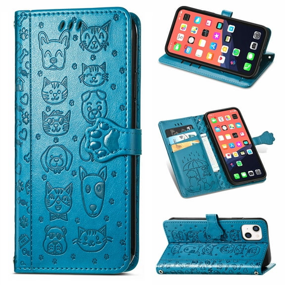 Cartoon Case for iPhone 13 Mini(2021), Allytech Embossed Animal PU Leather Impact Resistant TPU Back Card Slots Magnetic Closure Hand Strap Stand Cover for iPhone 13 Mini 5.4" 2021, Blue