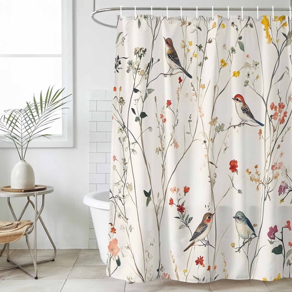 Spring Floral Waterproof Fabric Shower Curtain,Summer Birds Botanical Country Waterproof Fabric Shower Curtain for Bathroom Curtains Bathtubs Hotel Shower Curtains with 12 Hooks Stall 48x72in