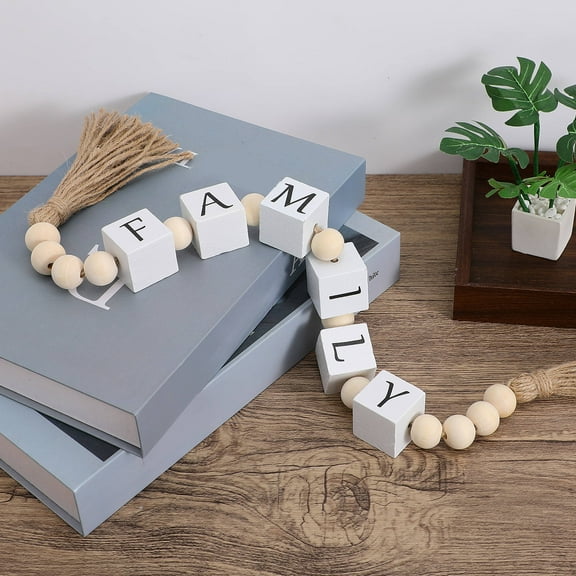 GOOHOCHY Beaded Garland Decor Family Letter Bead Garland With Tassels Rustic Home Ornament For Coffee Table, Shelf Decorative Beads For Living Room