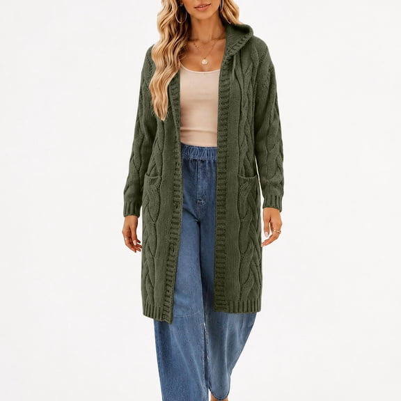 ClodeEU Women's Long Hooded Cable Knit Cardigan,Casual Long Sweater Coat With Pockets ,Women's Plus L