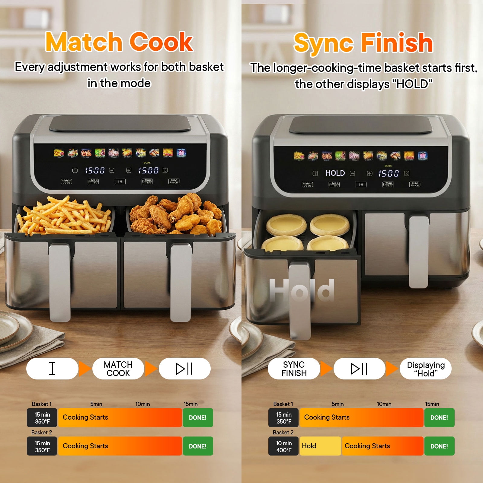 CONCETTA 9QT Dual Basket Air Fryer Oven, 2 Nonstick Baskets, Digital, Easy-View Window, Hi-Fry & Auto Shutoff, Black