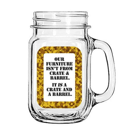 Vintage Glass Mason Jar Cup Mug Lemonade Tea Decor Painted Funny- Our Furniture isn't from Crate & Barrel.. It is a crate and A