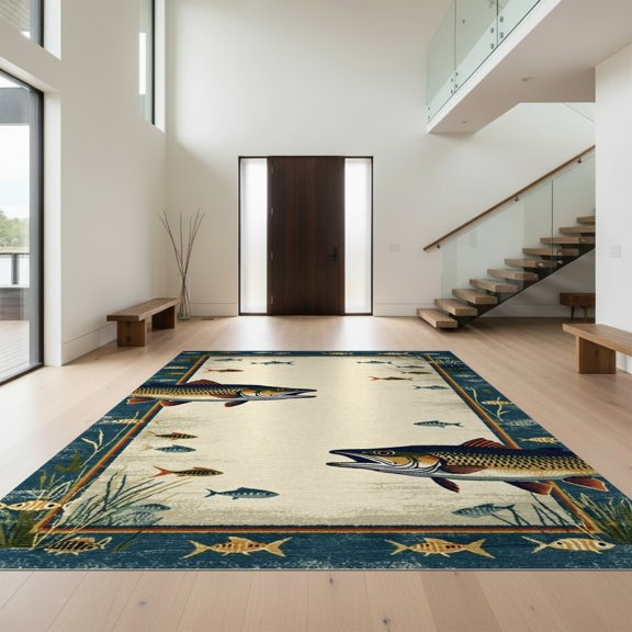Design&I 6'x9' Washable Area Rug Fishing Pike And Bass Angler Design With Vintage Tackle Motif for Dining Room, Under Table, Office, Snag-Free