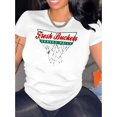 thumbnail image 1 of 1pc Fresh Buckets Served Daily Graphic Print T-Shirt for Women, Casual Round Neck Short Sleeve Tee, Polyester Stretch Fabric, Geometric Basketball Hoop Design, All-Season Comfort, 1 of 6