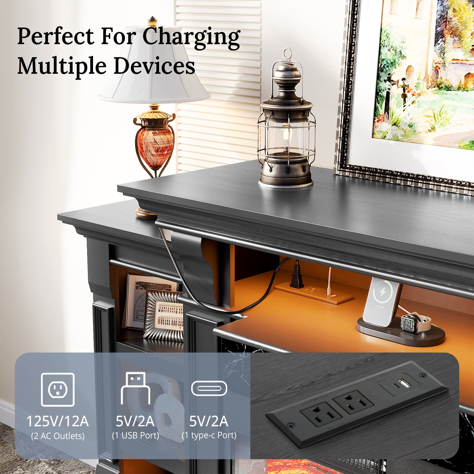 Holliwill 3-Sided Glass 72" Fireplace TV Stand for TVs up to 80", Electric Fireplace with Mantel, Entertainment Center TV Console with Charging Station & LED Lights for Living Room, Black