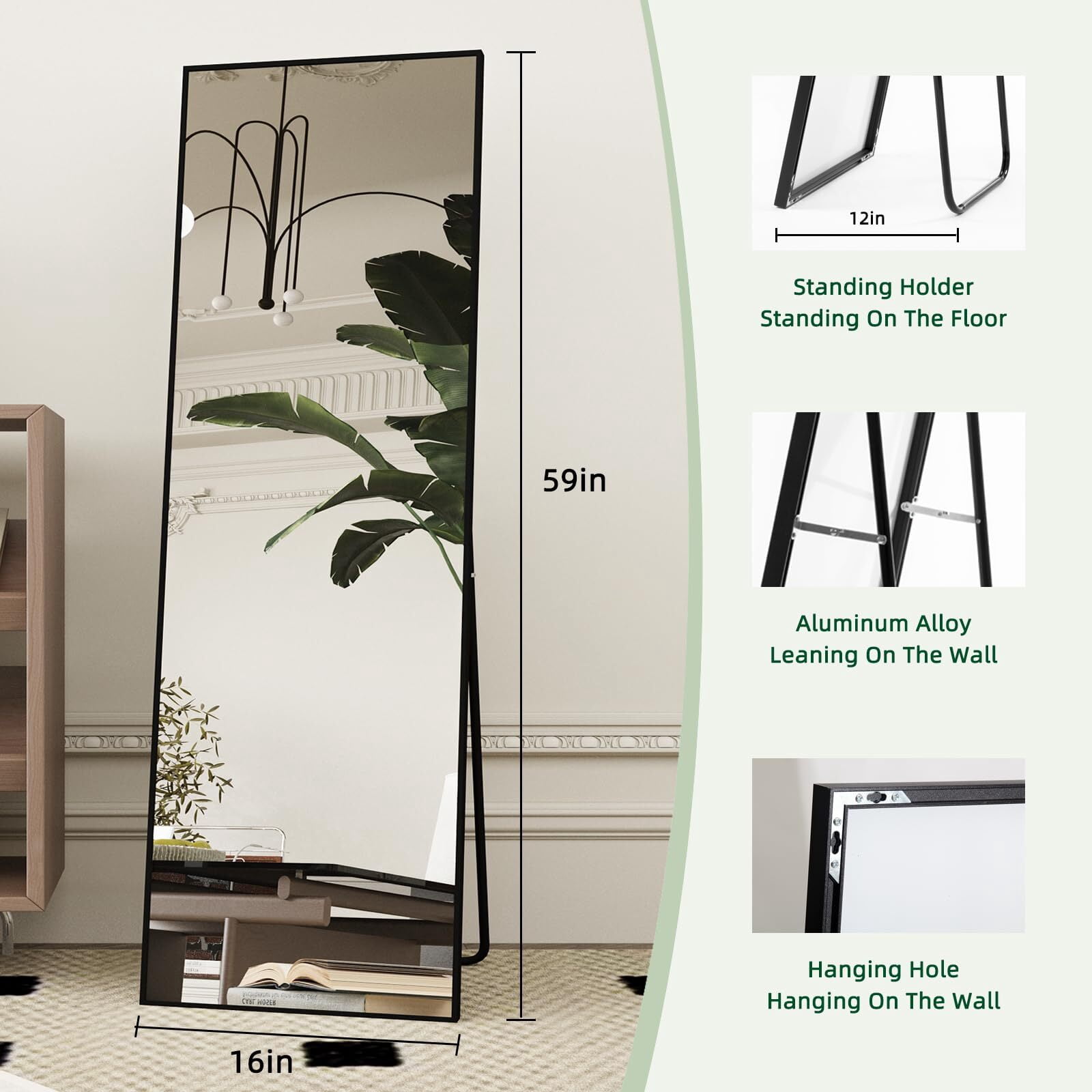 Cenovo 59" x 16.1" Full Length Mirror with Stand, Wall-Mounted Full Body Mirror,Black