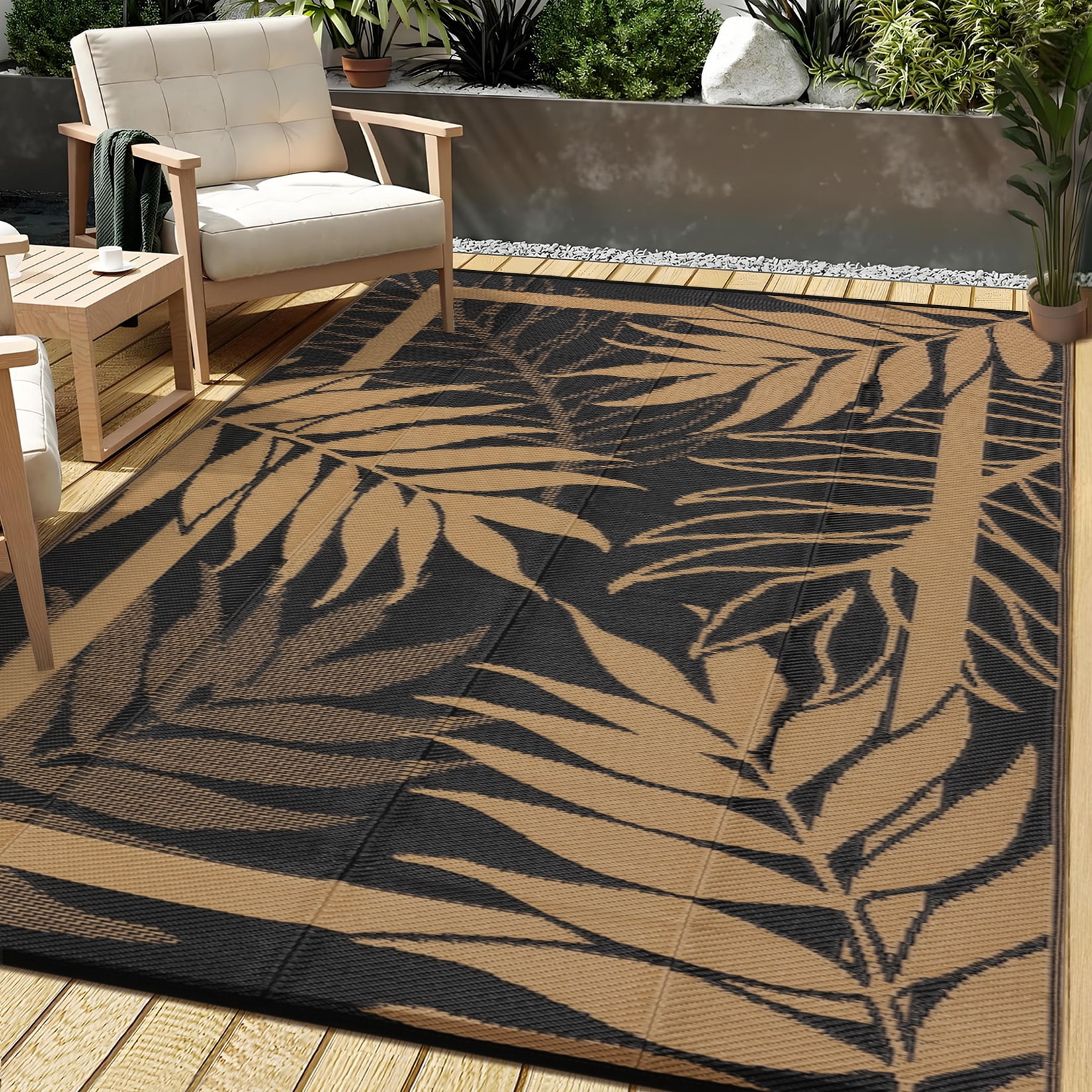 Outdoor Waterproof Reversible Rug – Modern Black Brown Plastic Patio Carpet, UV Resistant, Easy Clean, Non-Slip, Portable – For Garden, Backyard, Deck, Camping – 8x10ft