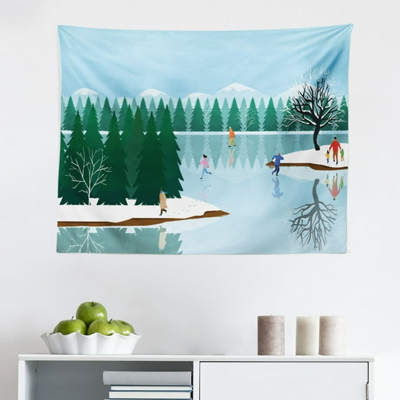 Landscape Tapestry, Sunrise on Rural Valley Fields Hills Tree Illustration, Fabric Wall Hanging Decor for Bedroom Living Room Dorm, 2 Sizes, Cream Fern Green, by Ambesonne