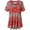 thumbnail image 1 of Womens Floral Boho Henley Short Sleeve V Neck T-Shirt Pleated Casual Flowy Tunic Blouse Tops Summer Paisley Print Shirt, 1 of 2