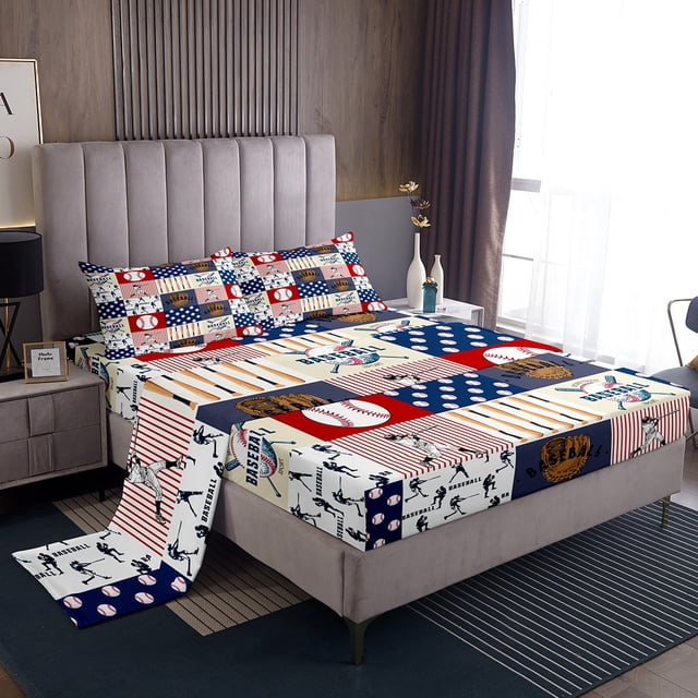 Erosebridal 3D Baseball Sheet Set Full, Ball Patchwork Bedding Sets Full Size, Modern Sports Player Decor , 4pcs