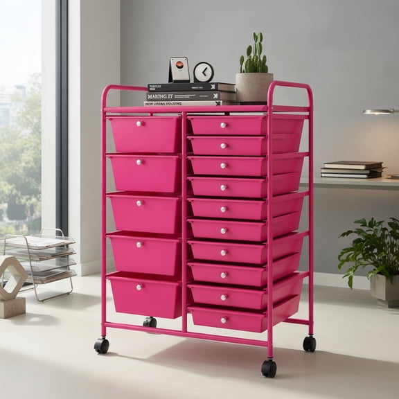 GVN 15-Drawer Utility Rolling Organizer Cart MultiUse Storage-Pink, Rolling Storage Cart, Multipurpose Organizer Cart for Home, Office, School