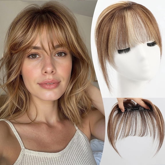 Human Hair Clip in Bangs Ombre Light Blonde 3 Secure Clips Full Fringe Air Bangs Hair Extensions for Women