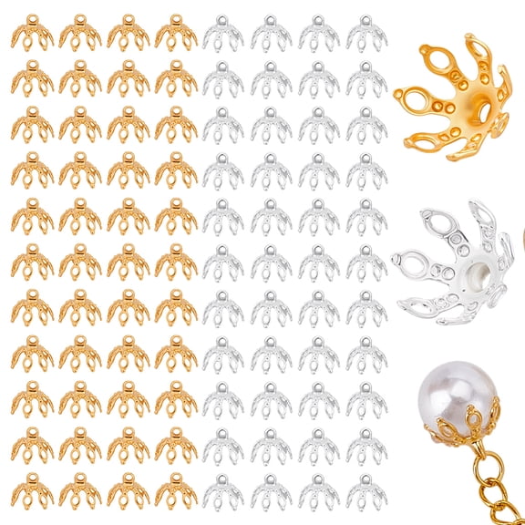 100Pcs 2 Colors Flower Bead Caps 8mm End Cap Bails Filigree Prong Spacer Beads Metal Toppers End Cap Bails