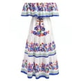 thumbnail image 2 of IBTOM CASTLE Women's Mexican Dress Floral Print Smocked Traditional Wear Off Shoulder Beach Holiday Party Long Maxi Dresses 2XL White + Blue, 2 of 8