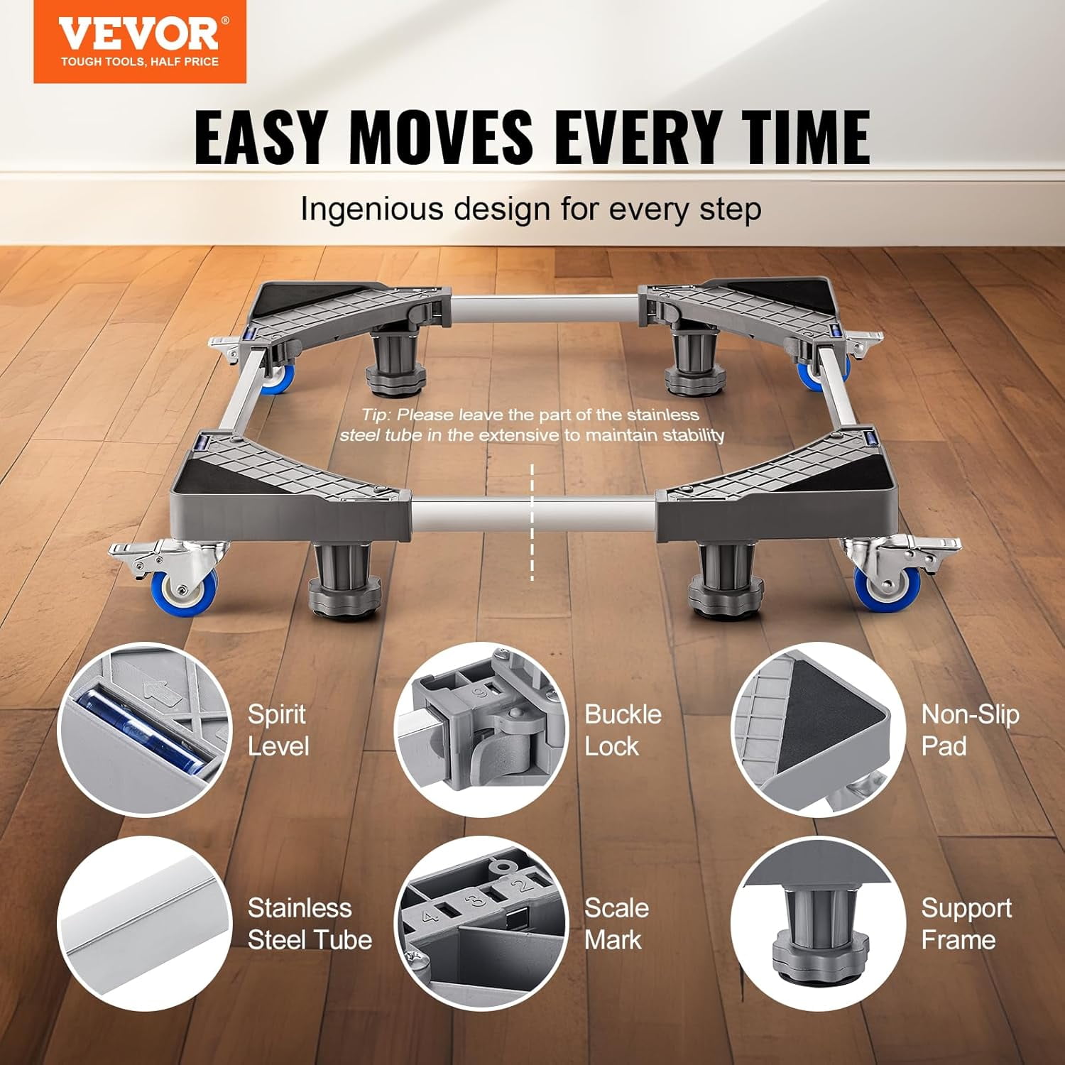VEVOR Mini Fridge Stand, 16’’-25'' Adjustable Dolly Washing Machine Stand Base with 4 Strong Feet, 4 Locking Swivel Wheels, Furniture Mover Mobile Base for Washing Machine, Washer and Dryer