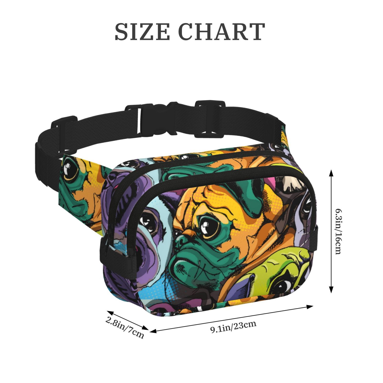 Picia Colorful Pug Print Square Double-Layer Waist Bag Mini Adjustable Waist Belt Bag Exercise Running Travel Hiking