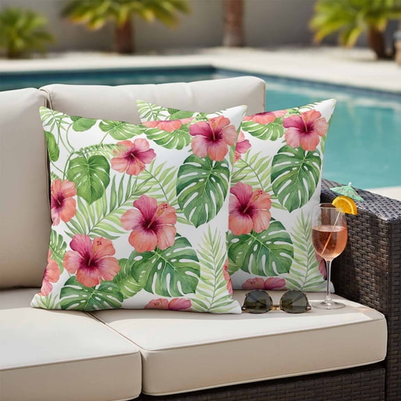 Tropical Palm Tree Outdoor Pillow Covers 20x20 Inch Throw Pillow Covers Set of 2 Waterproof Decorative Pillow Cases Summer Pink Floral Boho Beach Plants Cushion Covers for Patio Furniture Garden