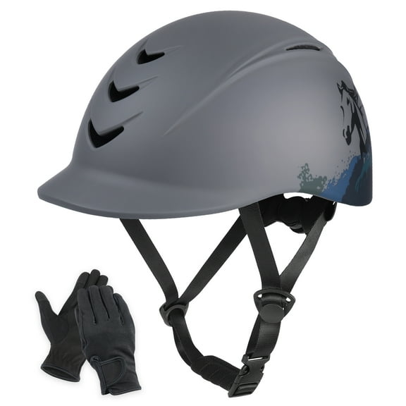 Equestrian Helmet Set, Adjustable Size, with Mobile Phone Touch Screen Riding Gloves, Breathable, Comfortable Riding Equipment,Gray