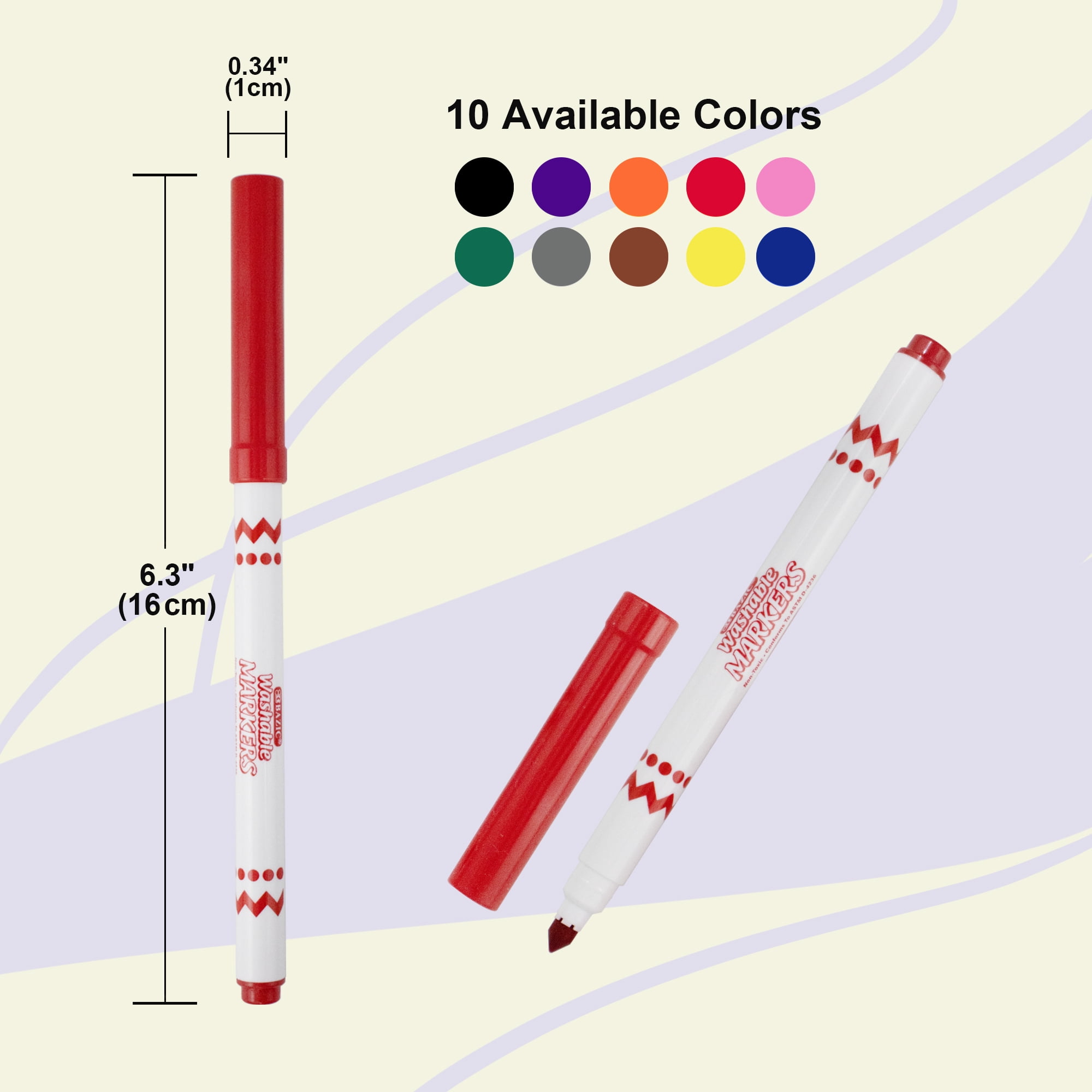 BAZIC Washable Markers Fine Line 10 Color Coloring Marker (10/Pack), 24-Packs