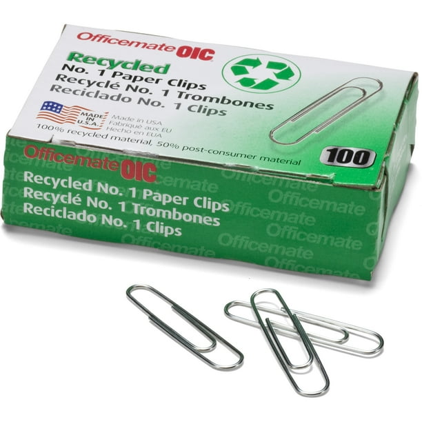Officemate Recycled No. 1 Paper Clips, Pack of 10 Boxes of 100 Clips