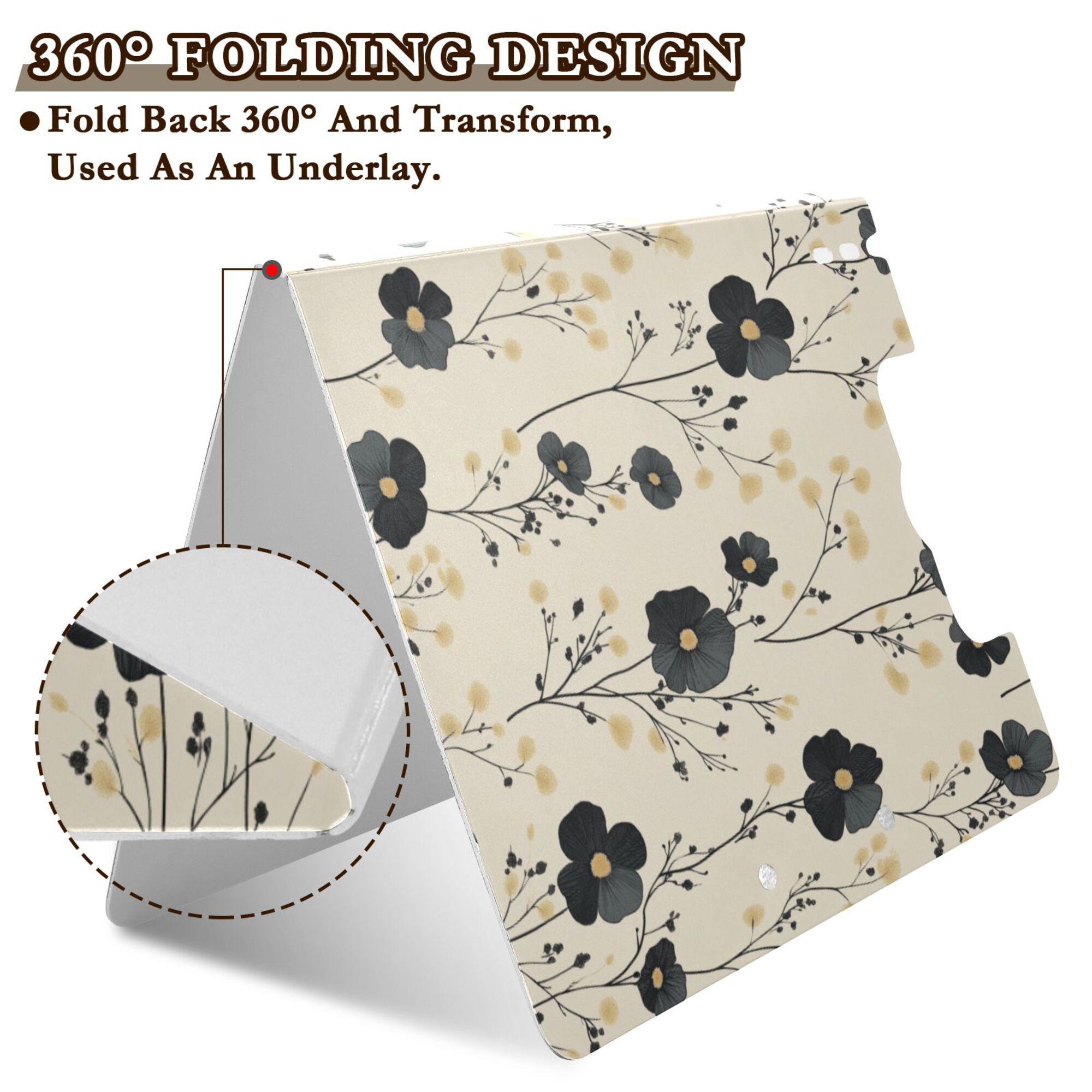 FORMRS A4 Clipboard Folder with Pen Holder Horizontal Foldable School Office Binder, Small Black Flowers