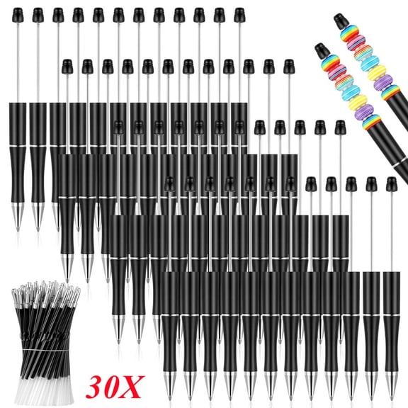 30 Pcs Plastic Beadable Pens - Black Ink Beaded Pens for Students & Teachers DIY Pen Decorations Supplies