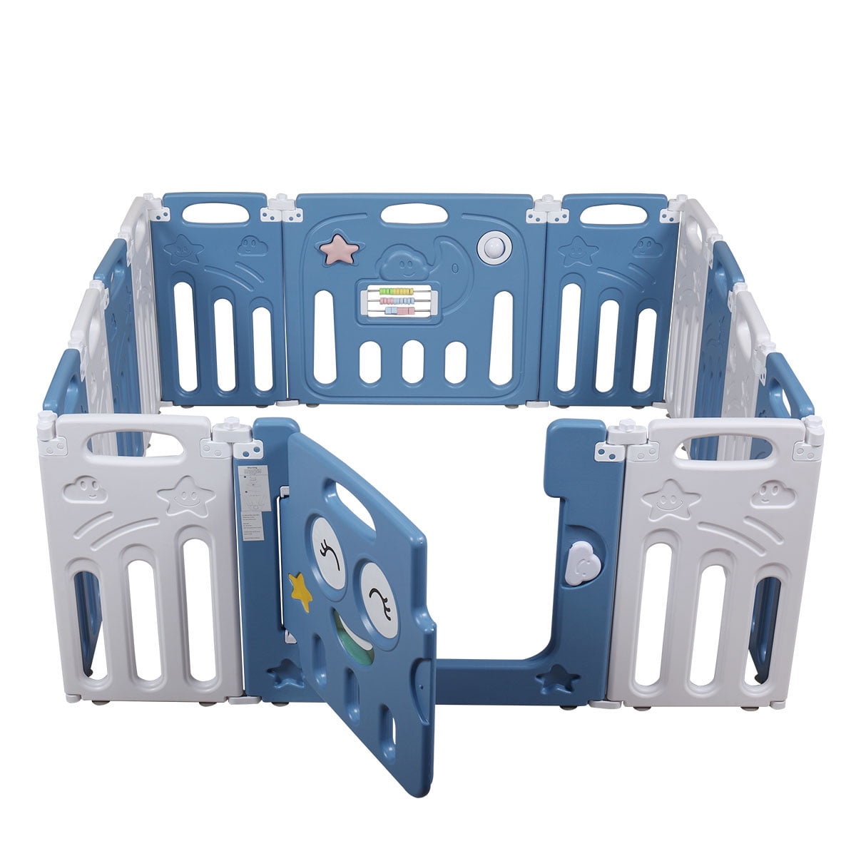 Kepooman 14-Panel Kids Foldable Safety Playpen for Baby, Blue & White