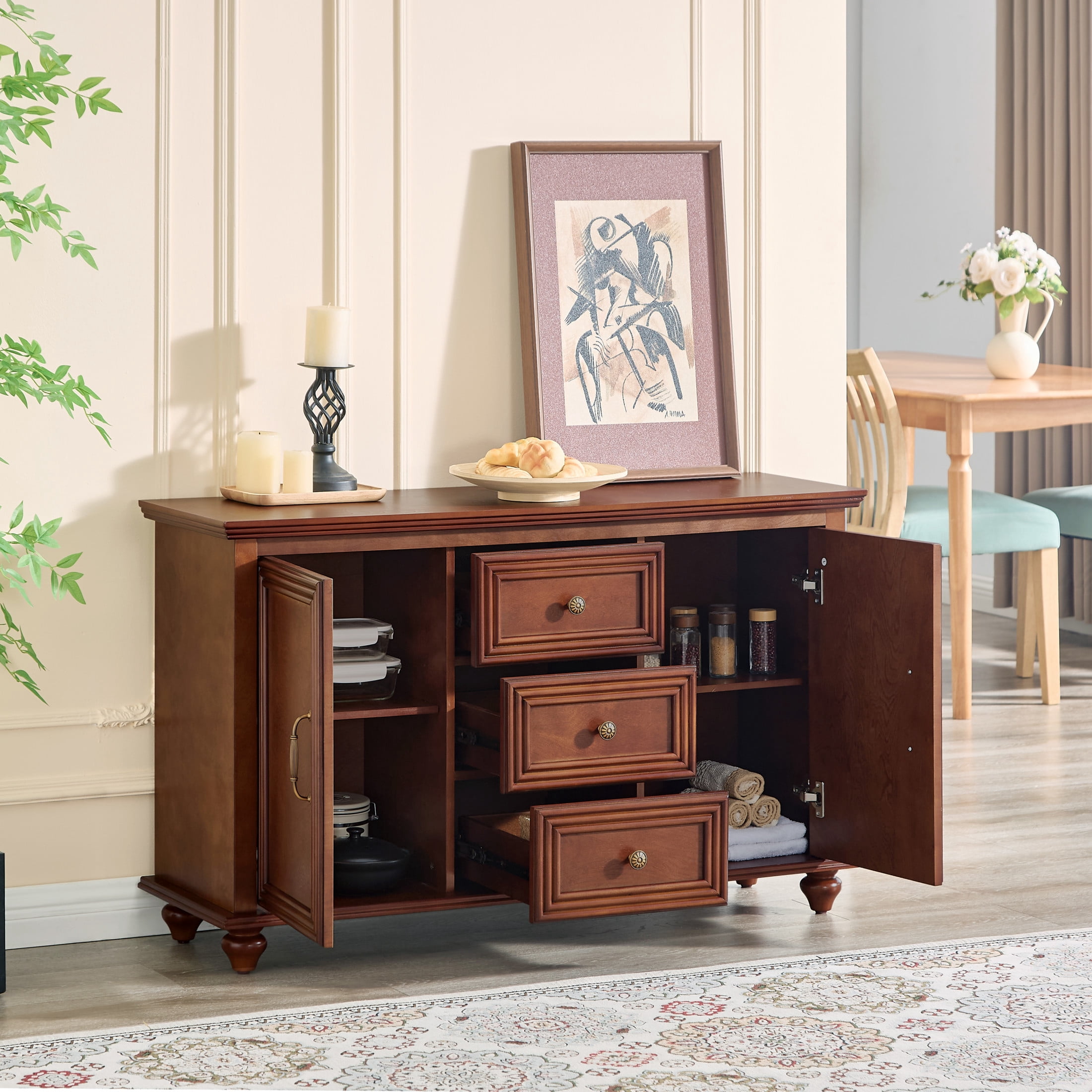 GDF Studio 47.3" Mid Century Modern Sideboard Buffet Cabinet with 2 Doors & 3 Drawers, Walnut