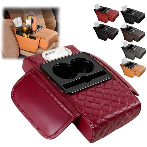 2026 Multifunctional Pu Leather Car Armrest Box Mat,5-in-1 Car Armrest Cushion,Car Center Console Cover Pad,with 2 Cup Holder, Tissue Slot & Phone Holder,for Most Cars (RED)