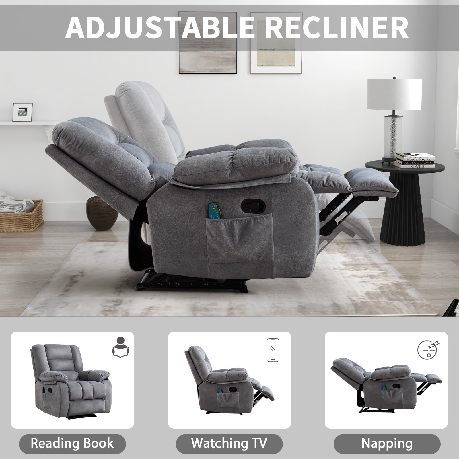 Ebello 36'' Massage Recliner Chair with Heat and Vibration – Soft Fabric Manual Reclining Chair for Living Room and Bedroom – Light Gray