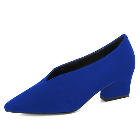 YDN Women Comfy Pointed Closed Toe V Cut Pumps Slip On Chunky Low Heels Formal Wear Outfit Work Shoes Size 6 Blue