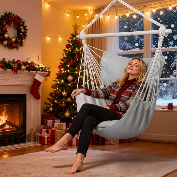 Large Hammock Chair Swing, Relax Hanging Rope Swing Chair with Detachable Metal Support Bar & Two Seat Cushions, Cotton Hammock Chair Swing Seat for Yard Bedroom Patio Porch Indoor Outdoor