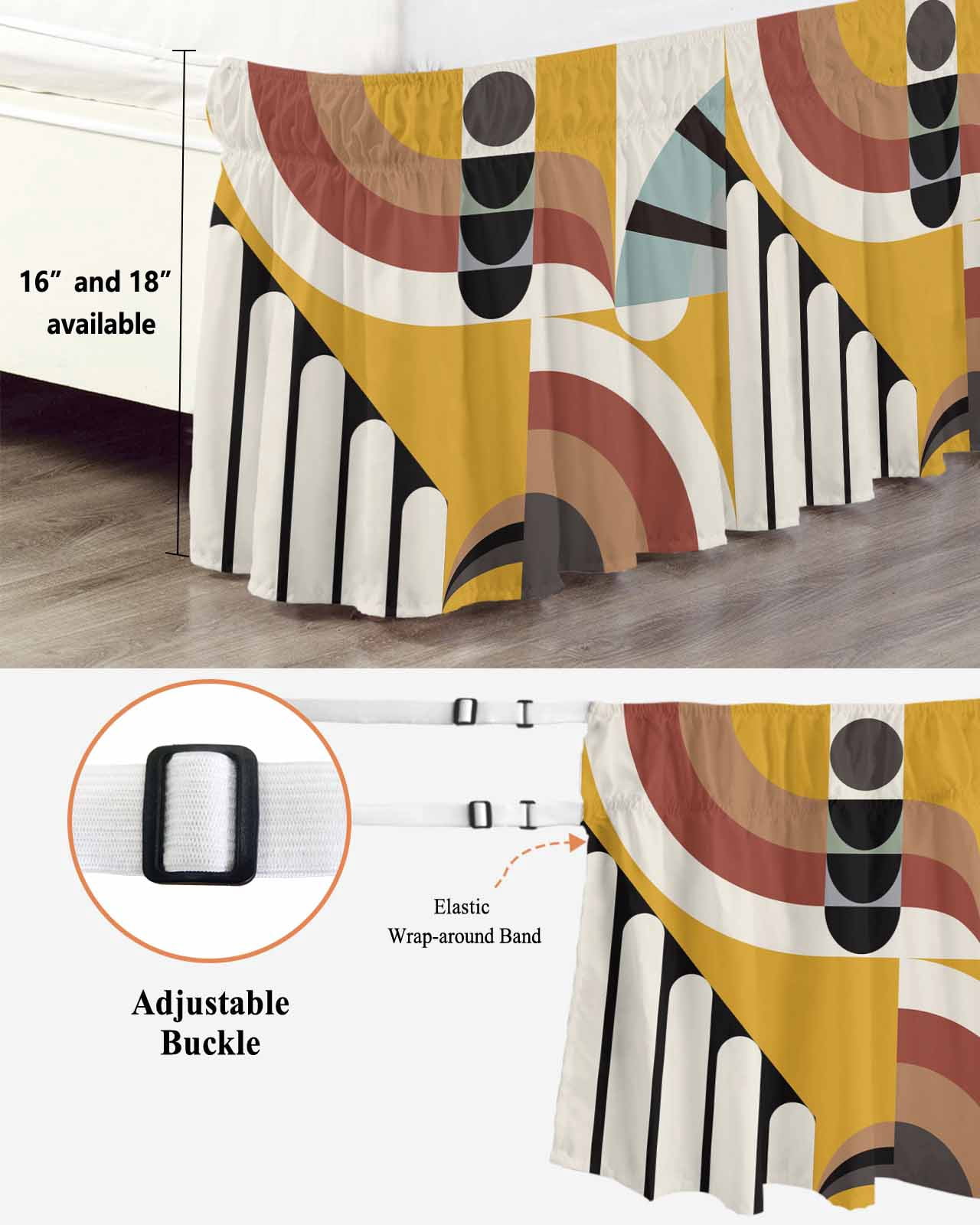 Geometric,Wrap Around Bed Skirts for California King Bed 18" Drop,Bed Skirt with Adjustable Elastic Belt Dust Ruffle Bed Valance Abstract Black Middle Century Boho Yellow Red Stripes Bed Frame Cover