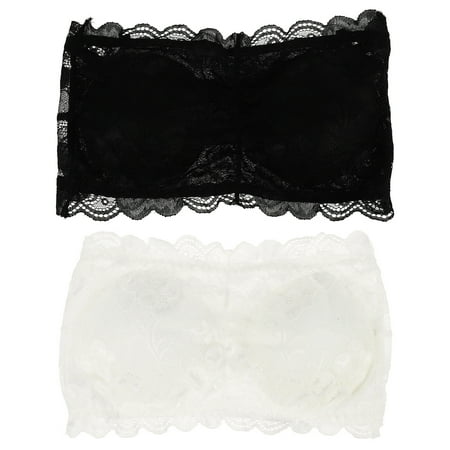 

HOMEMAXS 2pcs Women s One Size Strapless Lace Bandeau Bra Padded Removable Seamless Stretch Bandeau Tube Bra (White & Black)