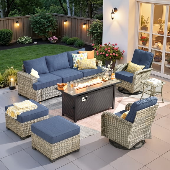 Ovios 9 Pieces Outdoor Patio Sectional Furniture with 54" Gas Propane Fire Pit Table All-Weather Rattan Wicker Conversation Set with Swivel Glider Rocking Chair for Backyard