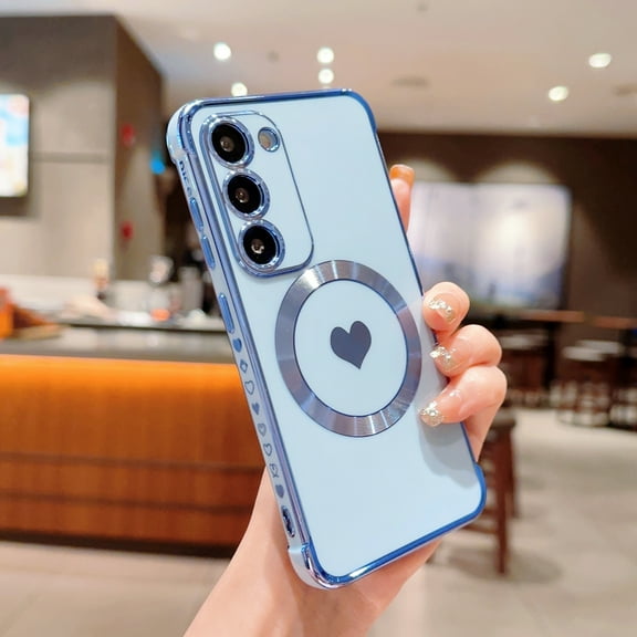 Feishell for Samsung Galaxy S24 (6.2 inch) Cute Love Heart Pattern Case for Women Girls,Compatible with Magsafe Charging,Luxury Plating Edge Soft Silicone Shockproof Slim Phone Case,Blue