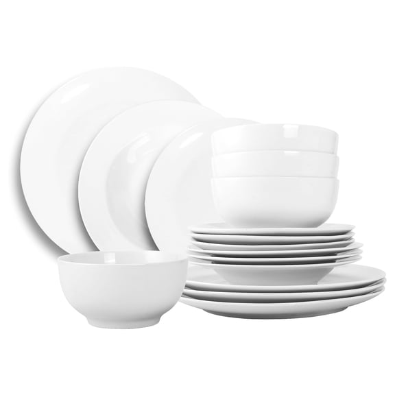 QUANSHANGJU Dinnerware Set White Porcelain 16-Piece Service for 4 Dishwasher Safe