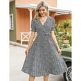 thumbnail image 3 of Women's Wrap V Neck Floral Pleated Dress Short Lantern Sleeve Belted Flowy A Line Midi Dress, 3 of 5