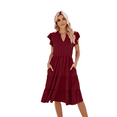 thumbnail image 2 of Womens Summer Dress Ruffle Sleeve V Neck Midi Dresses Wine Red S, 2 of 5