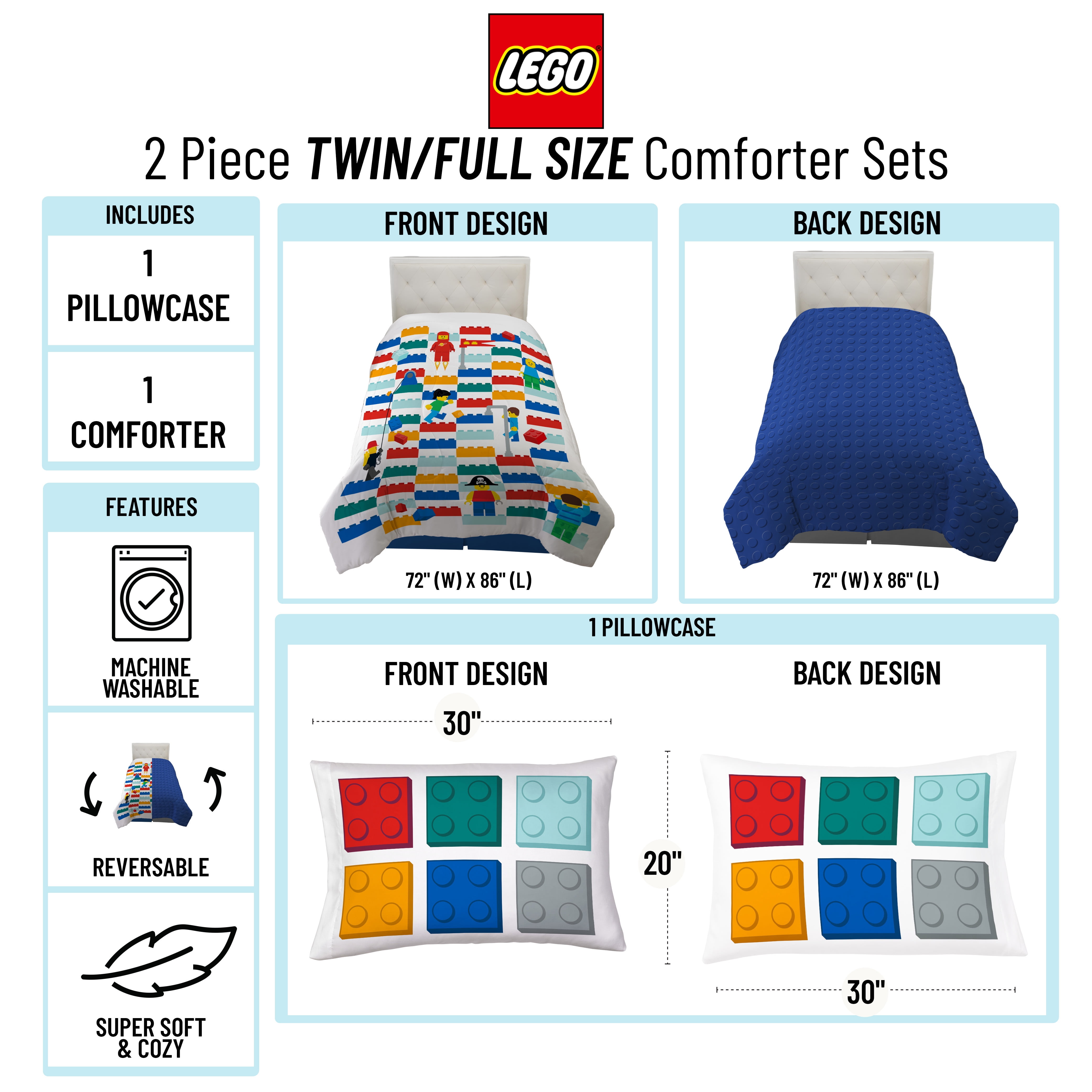 LEGO Kids 2 Piece Multicolor Reversible Comforter and Pillo