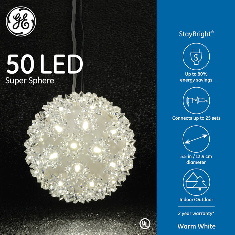5.5" GE StayBright 50 LED Light White Super Sphere Christmas Wedding 