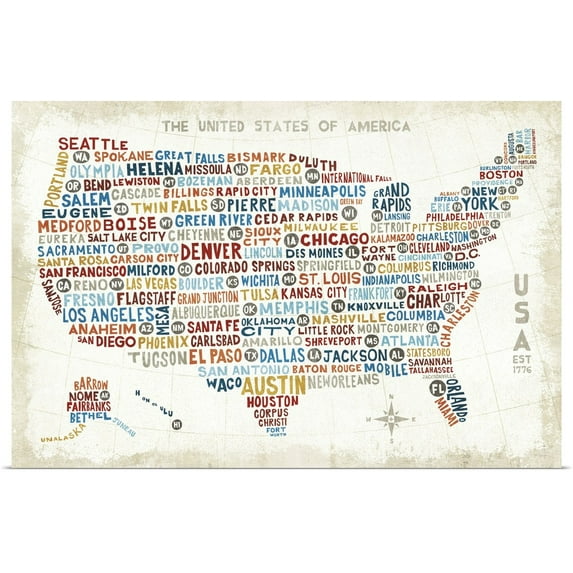 Great BIG Canvas | "US City Map" Art Print - 48x32