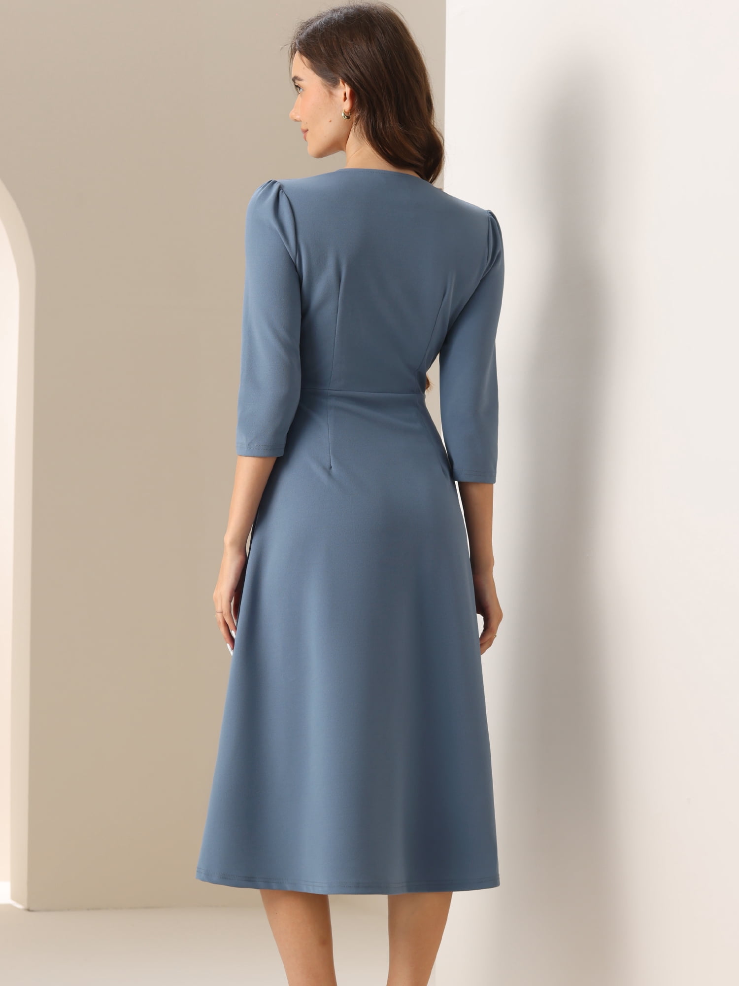 DARING DIVA Work Office Elegant 3/4 Sleeve V Neck A-Line Dress M Gray Blue