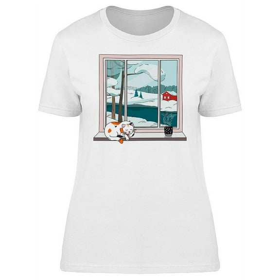 Winter Landscape Cat Tea Cup T-Shirt Women -Image by Shutterstock, Female 3X-Large