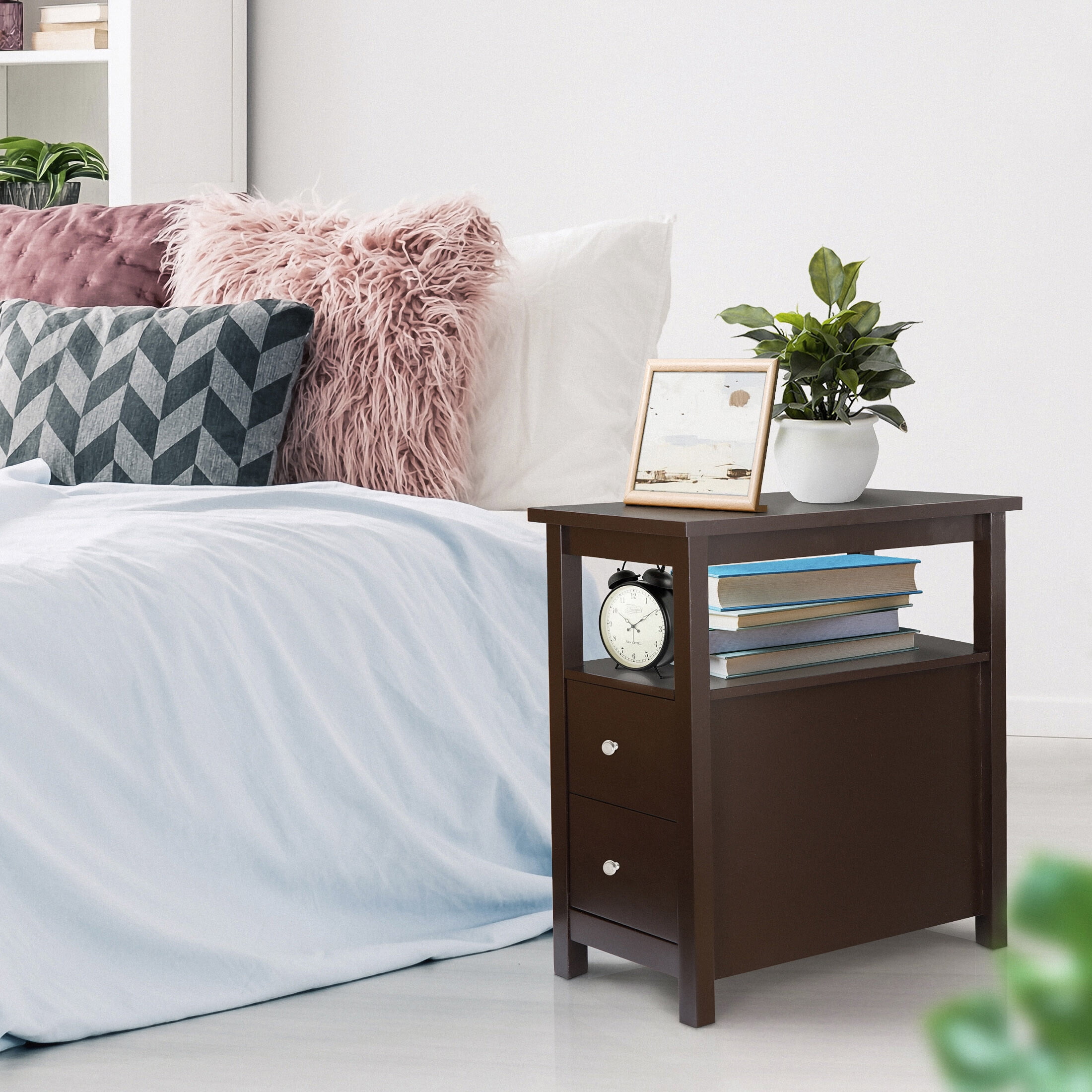 HomGarden 2 Drawers Wood End Table Narrow Sofa Side Table W/Storage for Living Room Bedroom, Brown