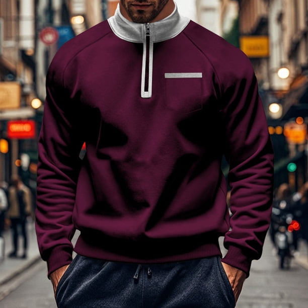 pstuiky Camisas de invierno de manga larga para hombre, Blusa informal de manga larga con cuello alto y cremallera con bloques de color para hombre camisetas de hombre l