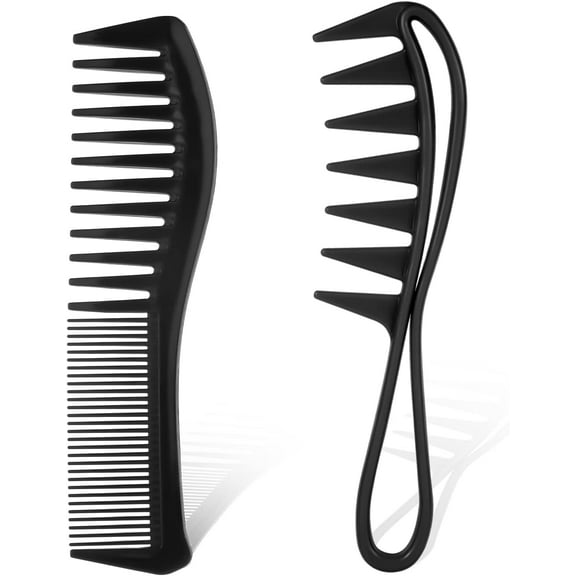 2pcs Wide Tooth Comb, Shark Teeth Comb Wide Tooth Curl Comb Large Tooth Comb Big Detangling Comb Texture Comb for Curly Wet Wavy Thick Hair Wigs Salon Women Men Hair Barber Hairstyle Tool (Black)