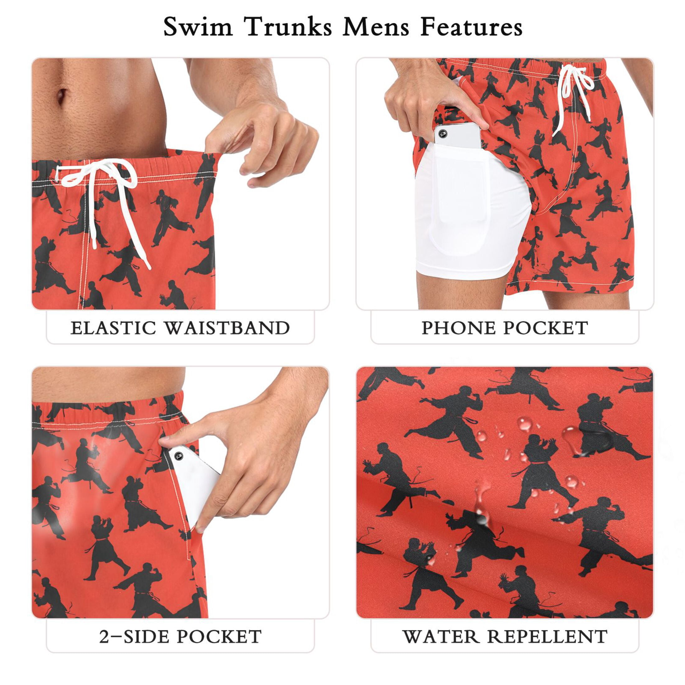joogoo Men's Karate Style Red Swim Trunks with Liner Pocket Beach Shorts XXL