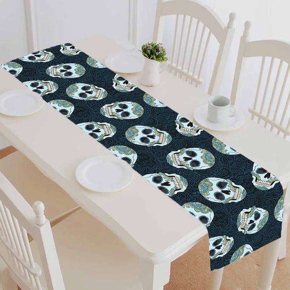 PKQWTM Gothic Doodle And Sugar Skulls Cotton and Linen Table Runner Kitchen Dining Room Supplies Size 14x72 Inch